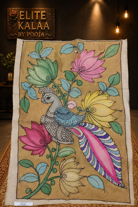 Kalamkari Annakpakshi Bird floral brown patch with border