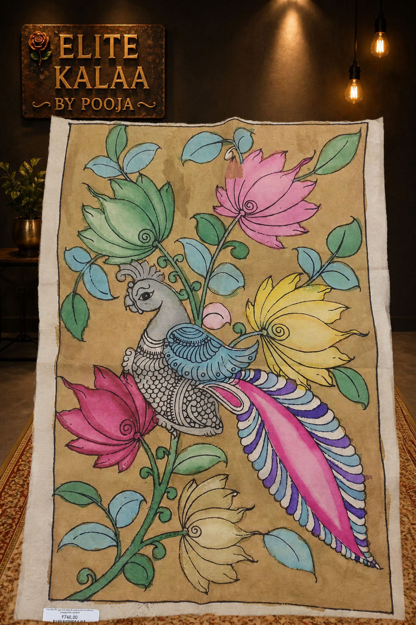 Kalamkari Annakpakshi Bird floral brown patch with border