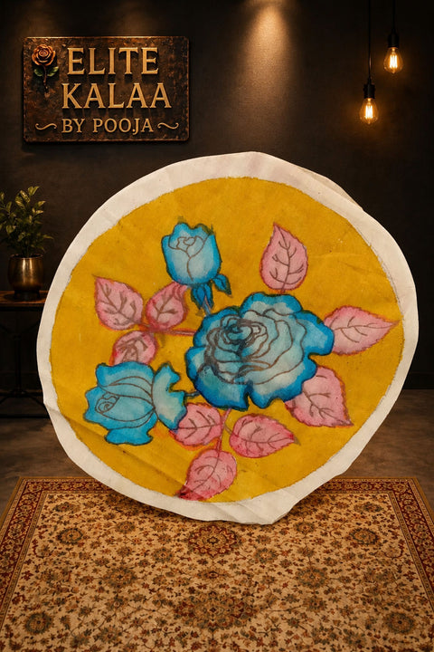 Yellow Kalamkari round floral textile patch with a border, 30 cm diameter