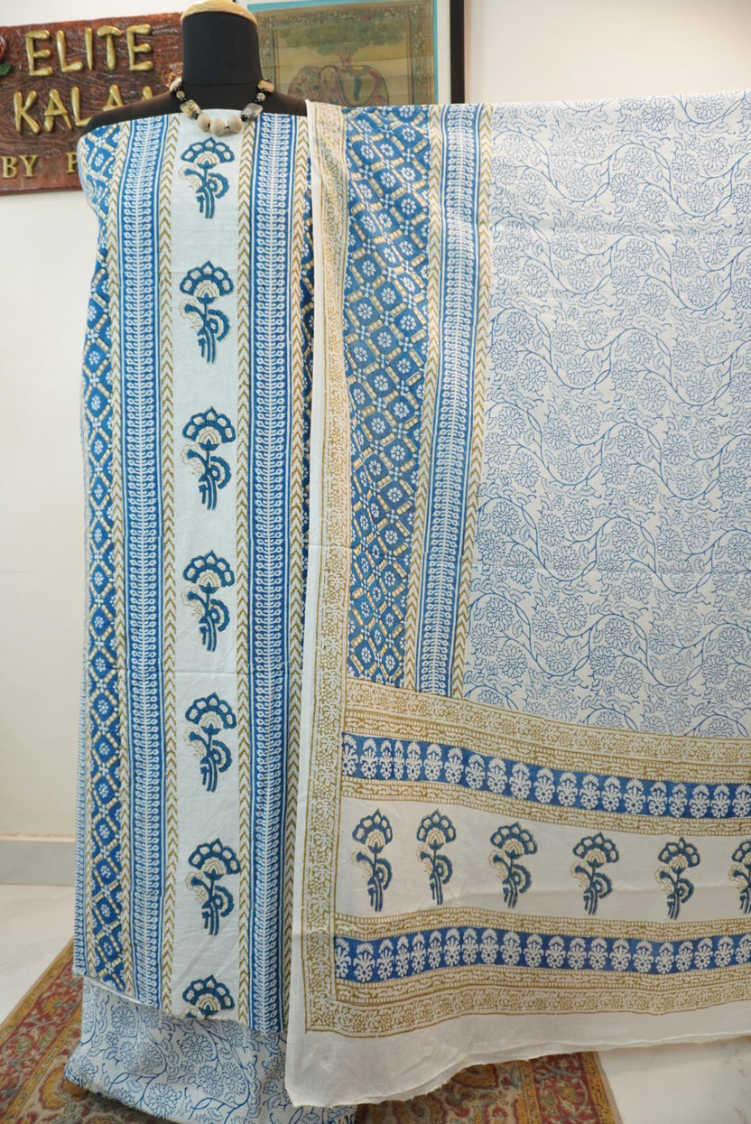 Blue cotton Bagh handblock 3 piece suit set with multicolour block print and border detail