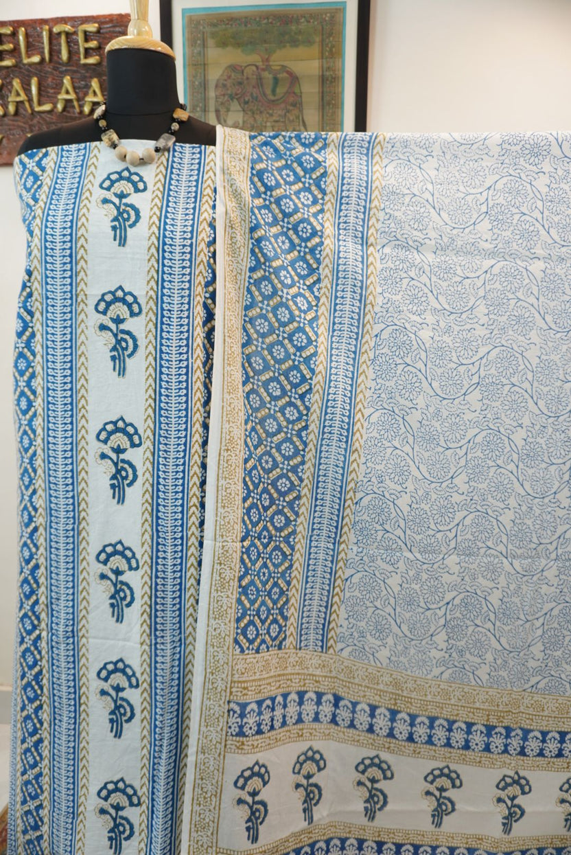 Blue cotton Bagh handblock 3 piece suit set with multicolour block print and border detail