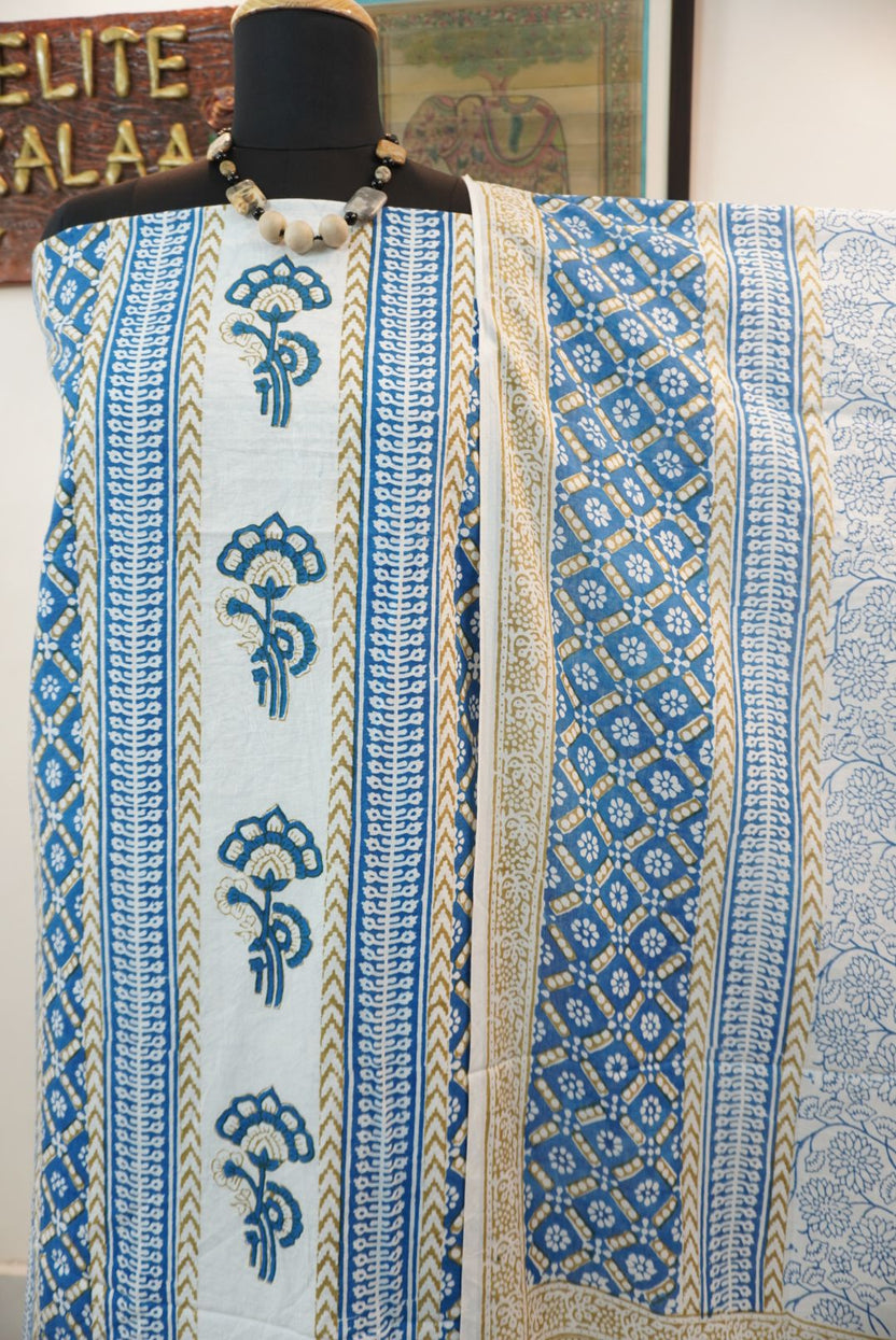 Blue cotton Bagh handblock 3 piece suit set with multicolour block print and border detail