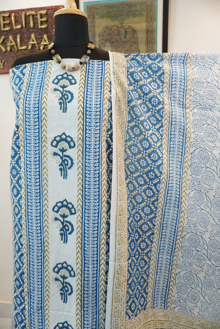 Blue cotton Bagh handblock 3 piece suit set with multicolour block print and border detail