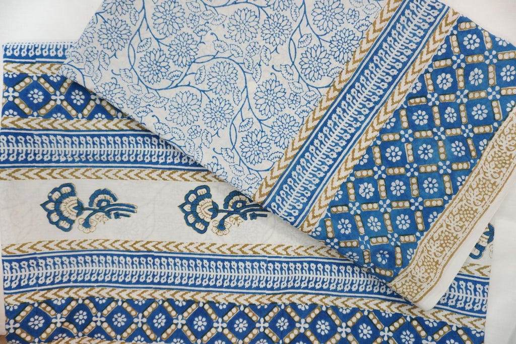 Blue cotton Bagh handblock 3 piece suit set with multicolour block print and border detail