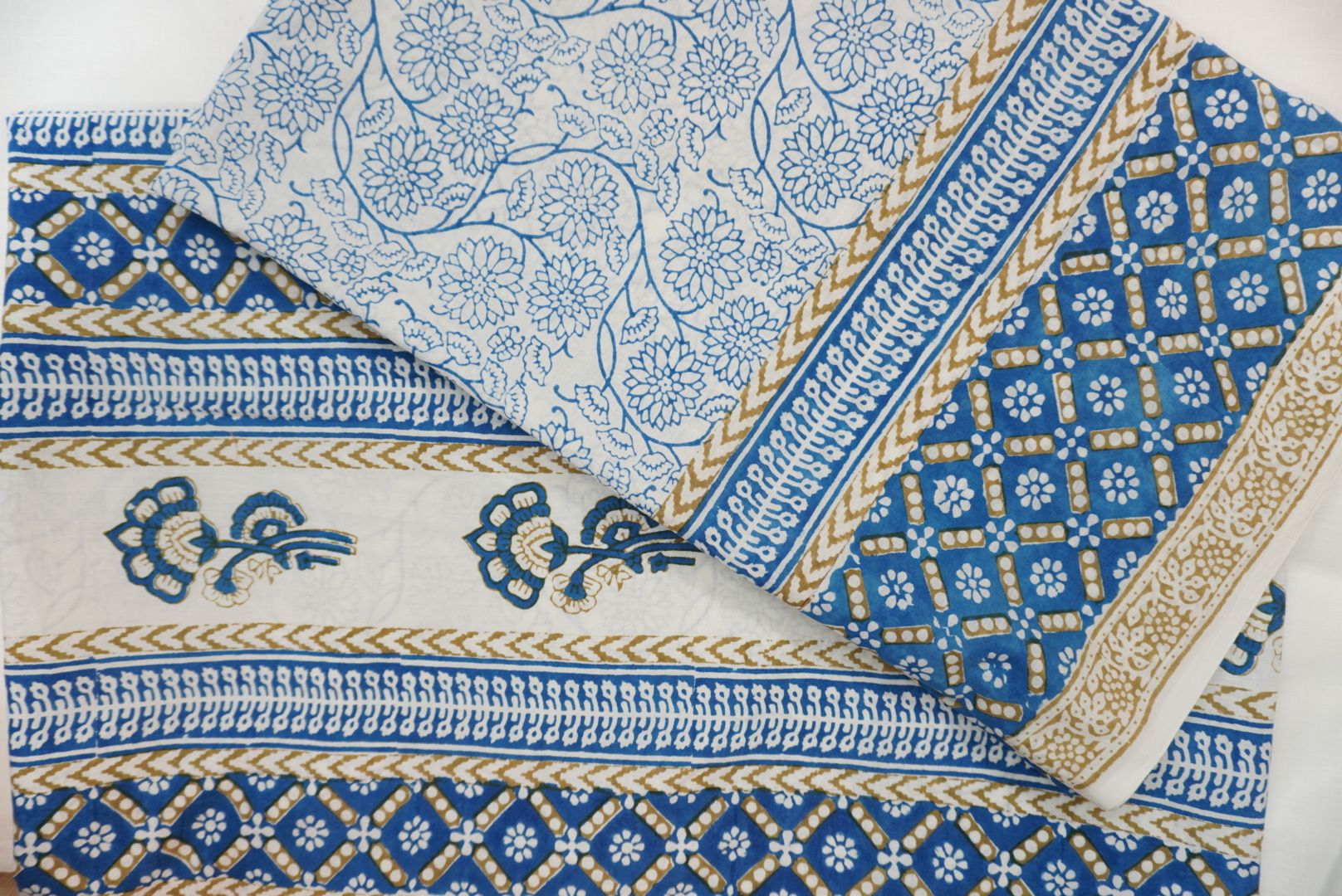 Blue cotton Bagh handblock 3 piece suit set with multicolour block print and border detail