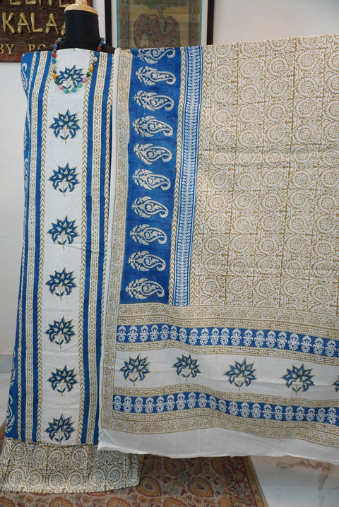 Blue cotton Bagh handblock 3 piece suit set with white and beige block print and border detail