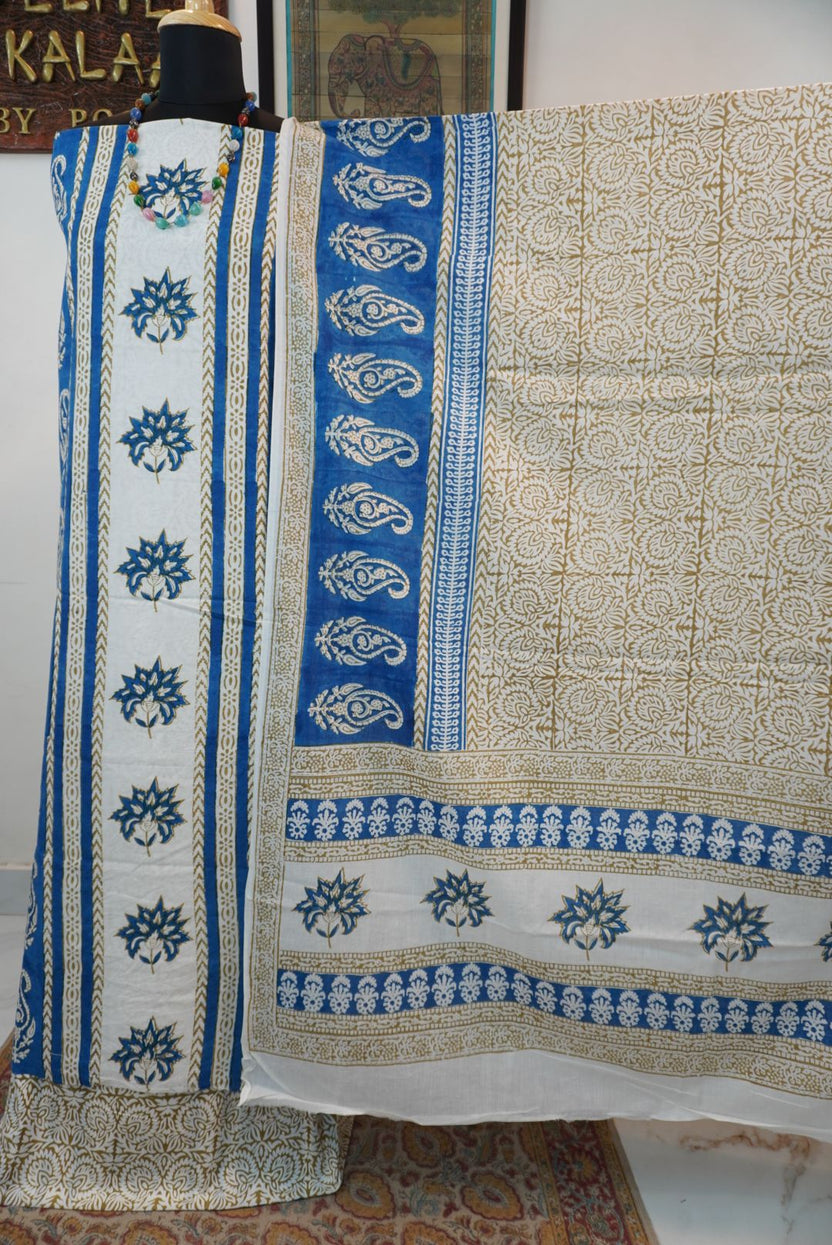 Blue cotton Bagh handblock 3 piece suit set with white and beige block print and border detail