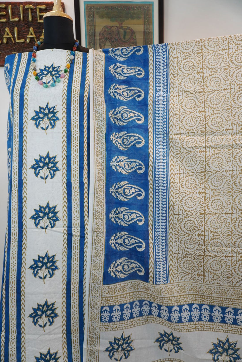 Blue cotton Bagh handblock 3 piece suit set with white and beige block print and border detail