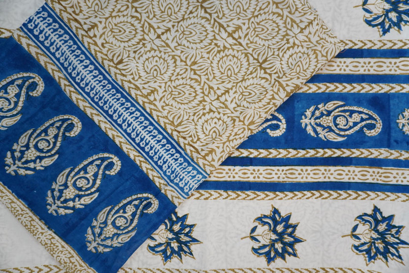 Blue cotton Bagh handblock 3 piece suit set with white and beige block print and border detail
