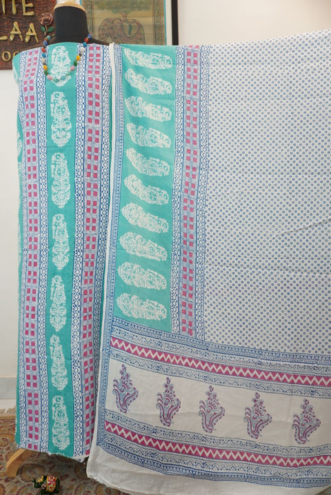 Green cotton Bagh block print 3 piece suit set with blue, pink and white accents and border
