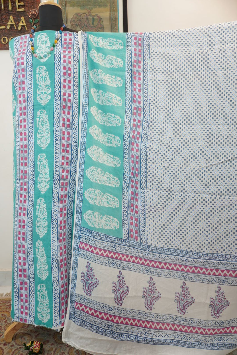 Green cotton Bagh block print 3 piece suit set with blue, pink and white accents and border