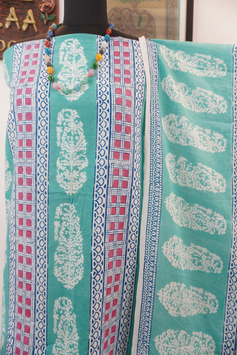 Green cotton Bagh block print 3 piece suit set with blue, pink and white accents and border
