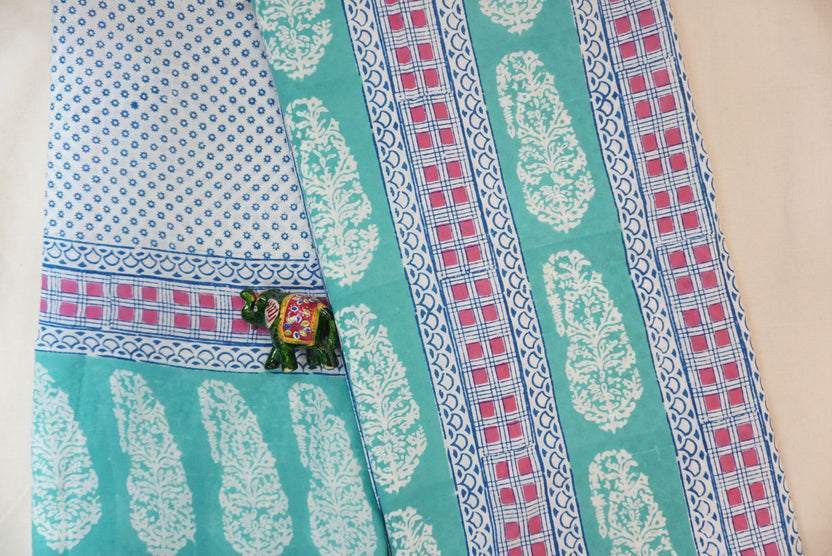 Green cotton Bagh block print 3 piece suit set with blue, pink and white accents and border