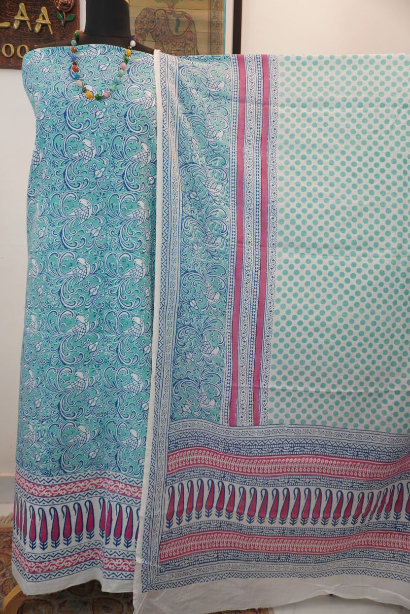 Blue cotton Bagh handblock 3 piece suit set with green, pink and white block print and border