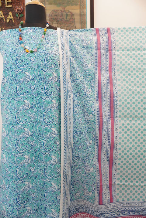 Blue cotton Bagh handblock 3 piece suit set with green, pink and white block print and border