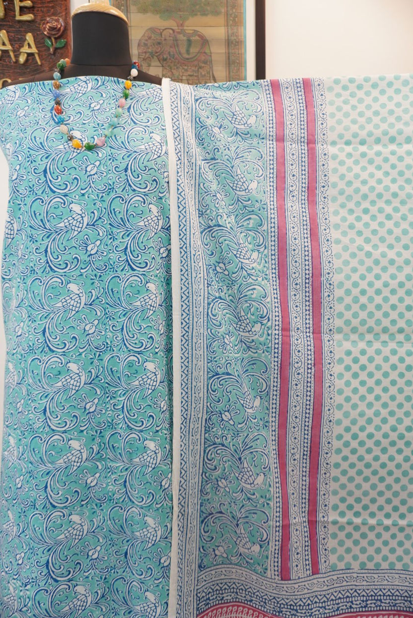 Blue cotton Bagh handblock 3 piece suit set with green, pink and white block print and border