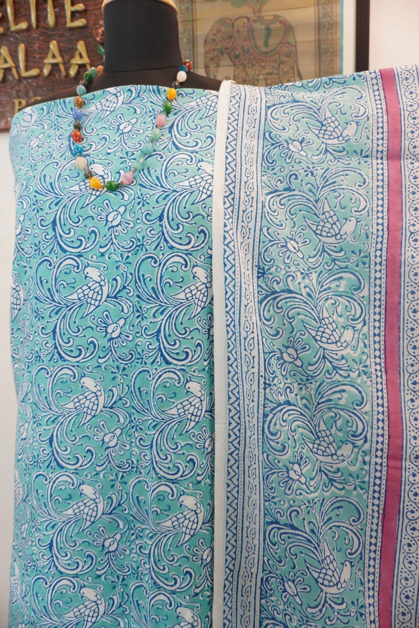 Blue cotton Bagh handblock 3 piece suit set with green, pink and white block print and border