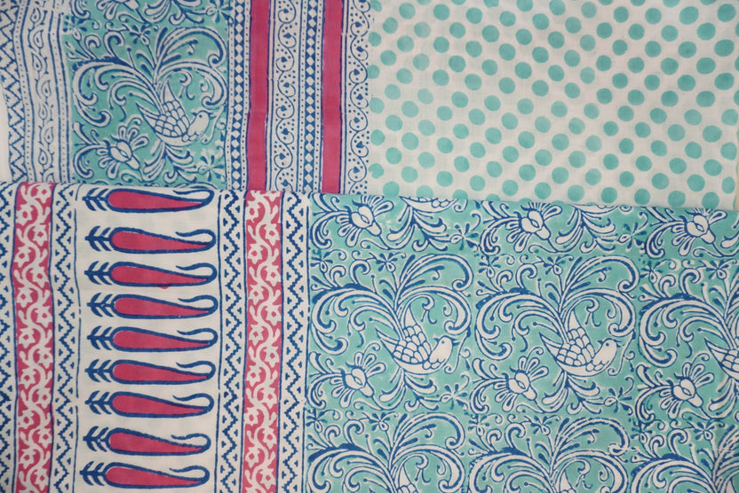 Blue cotton Bagh handblock 3 piece suit set with green, pink and white block print and border