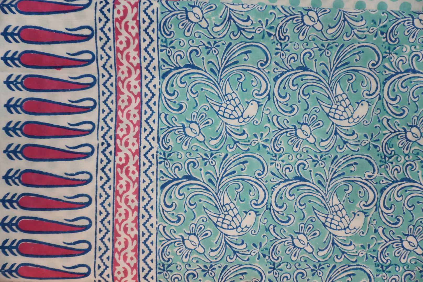 Blue cotton Bagh handblock 3 piece suit set with green, pink and white block print and border