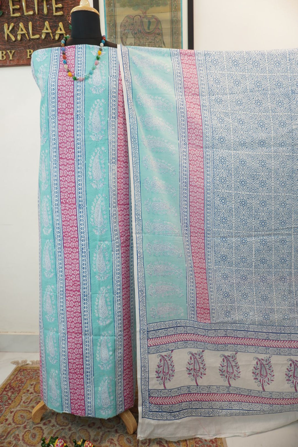 Green cotton Bagh handblock 3 piece suit set with printed design and border