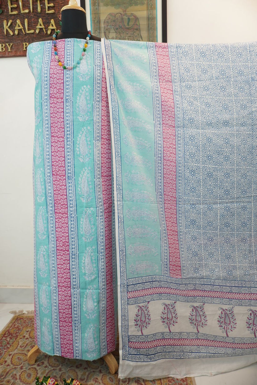 Green cotton Bagh handblock 3 piece suit set with printed design and border
