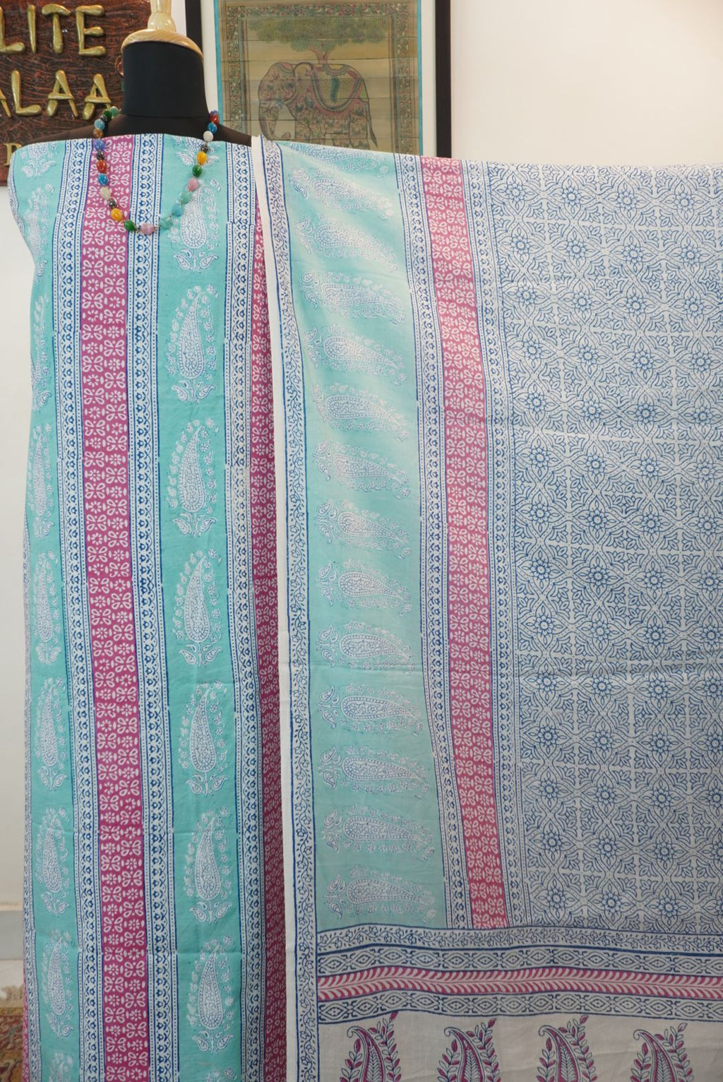 Green cotton Bagh handblock 3 piece suit set with printed design and border