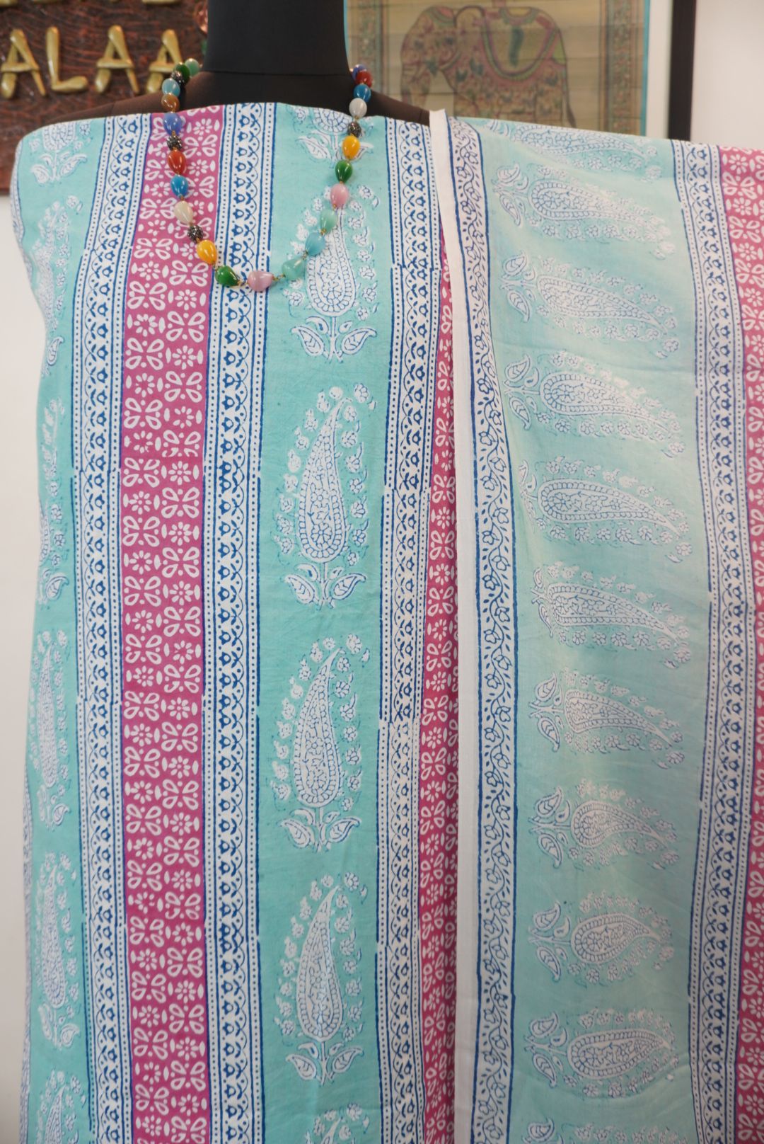 Green cotton Bagh handblock 3 piece suit set with printed design and border