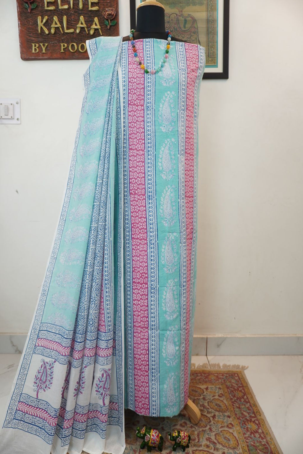 Green cotton Bagh handblock 3 piece suit set with printed design and border