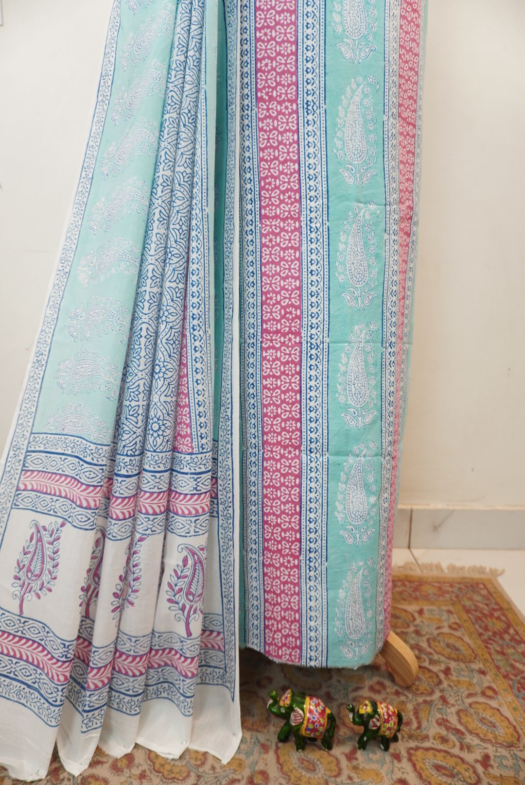 Green cotton Bagh handblock 3 piece suit set with printed design and border