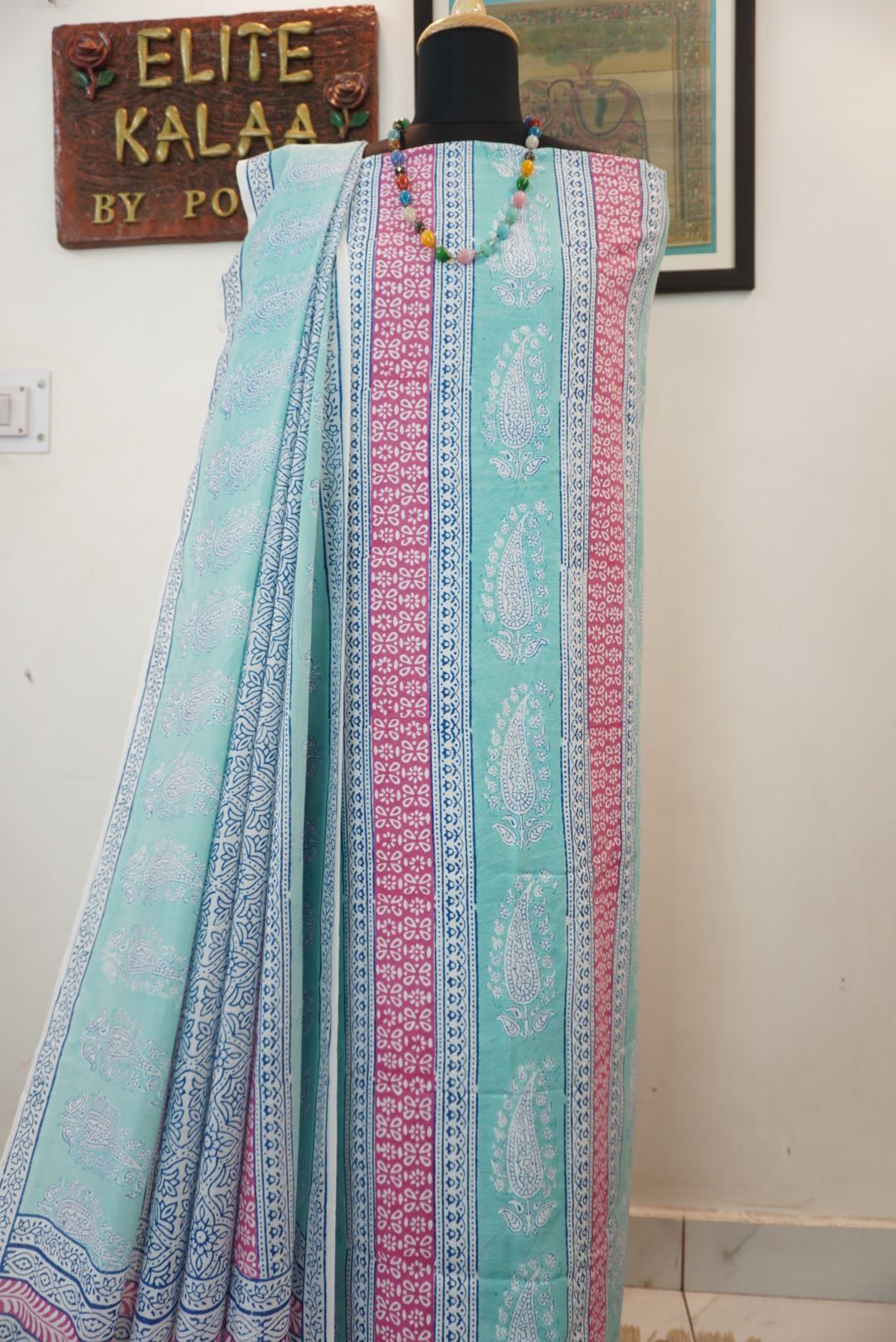 Green cotton Bagh handblock 3 piece suit set with printed design and border