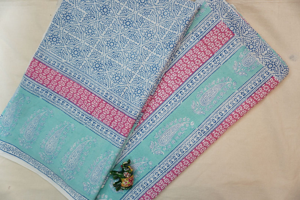 Green cotton Bagh handblock 3 piece suit set with printed design and border