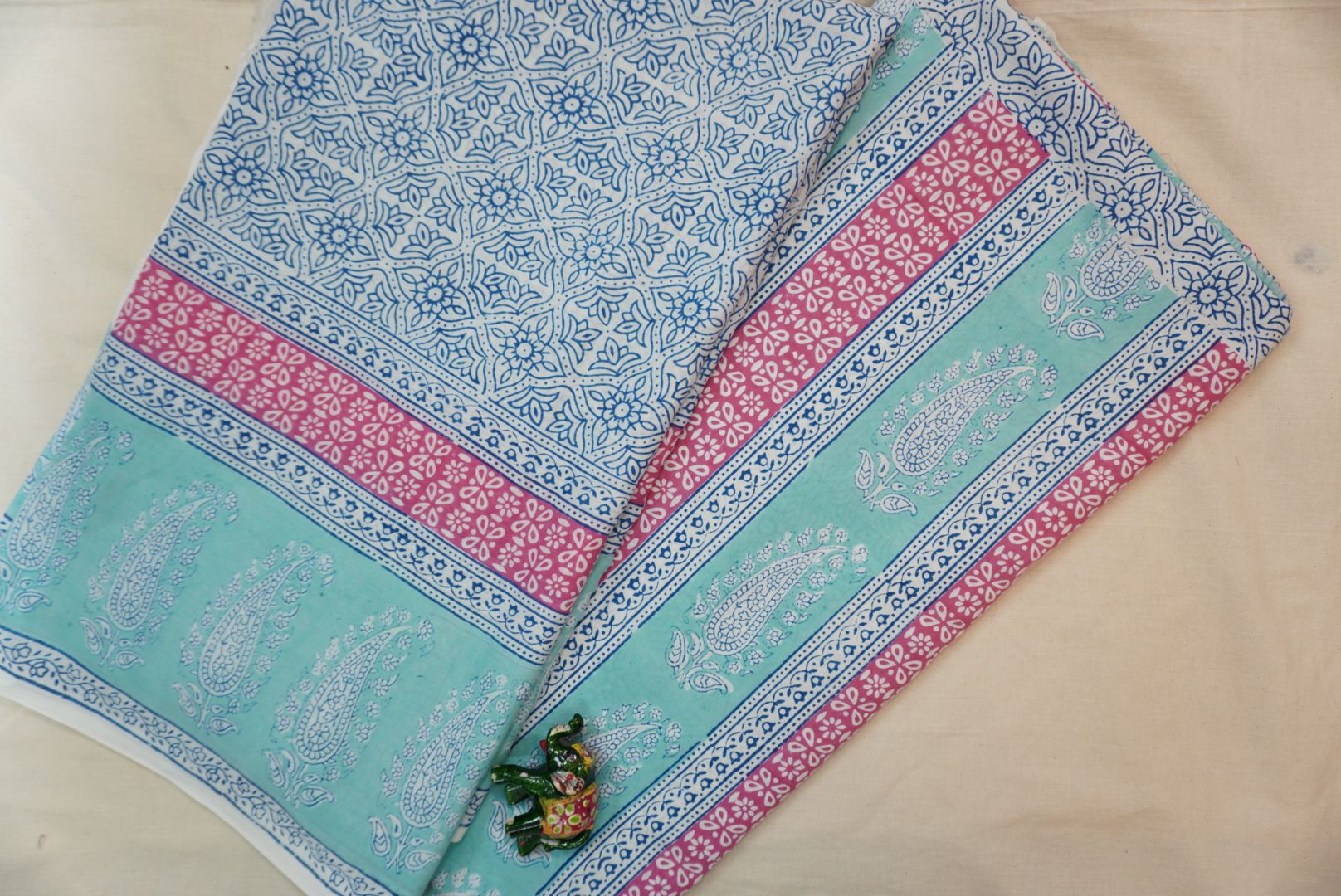 Green cotton Bagh handblock 3 piece suit set with printed design and border