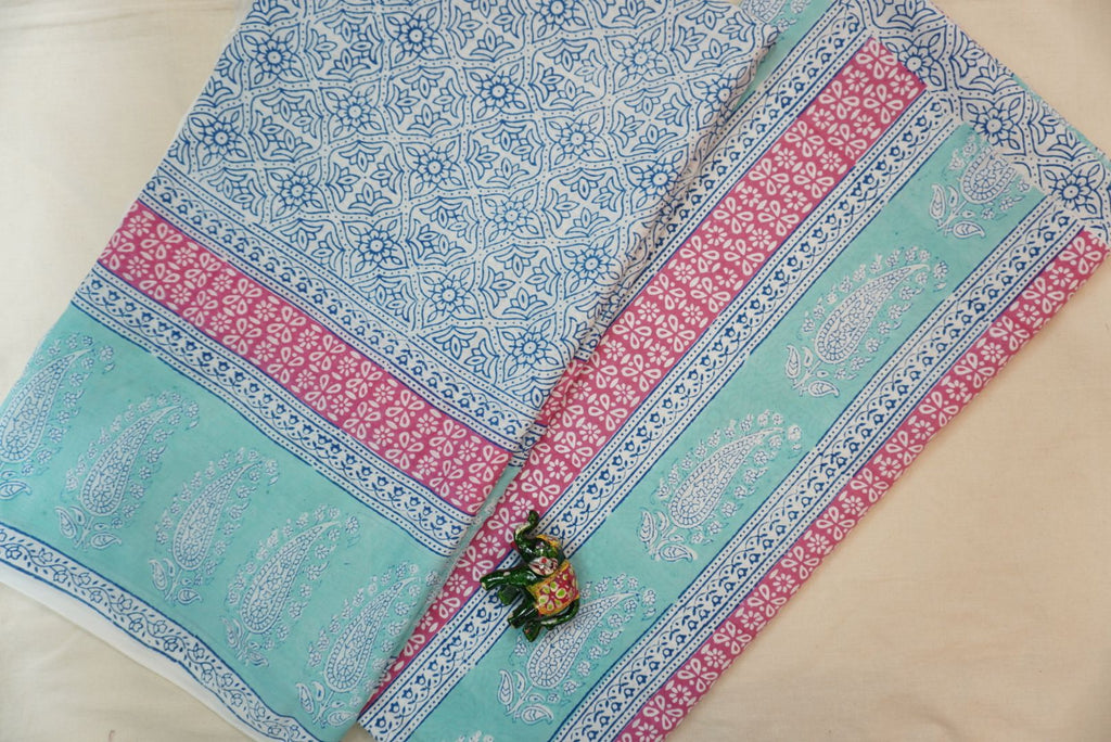 Green cotton Bagh handblock 3 piece suit set with printed design and border