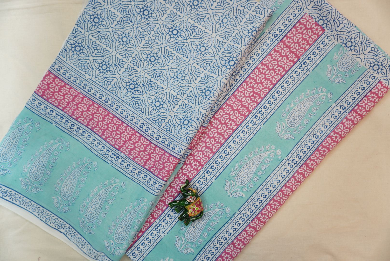 Green cotton Bagh handblock 3 piece suit set with printed design and border