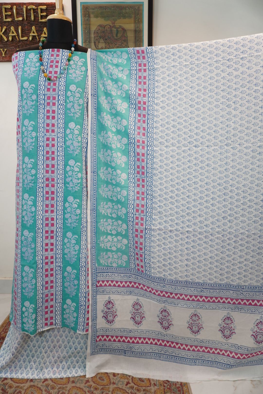 Green cotton Bagh handblock 3 piece unstitched suit set with blue, pink and white block print border
