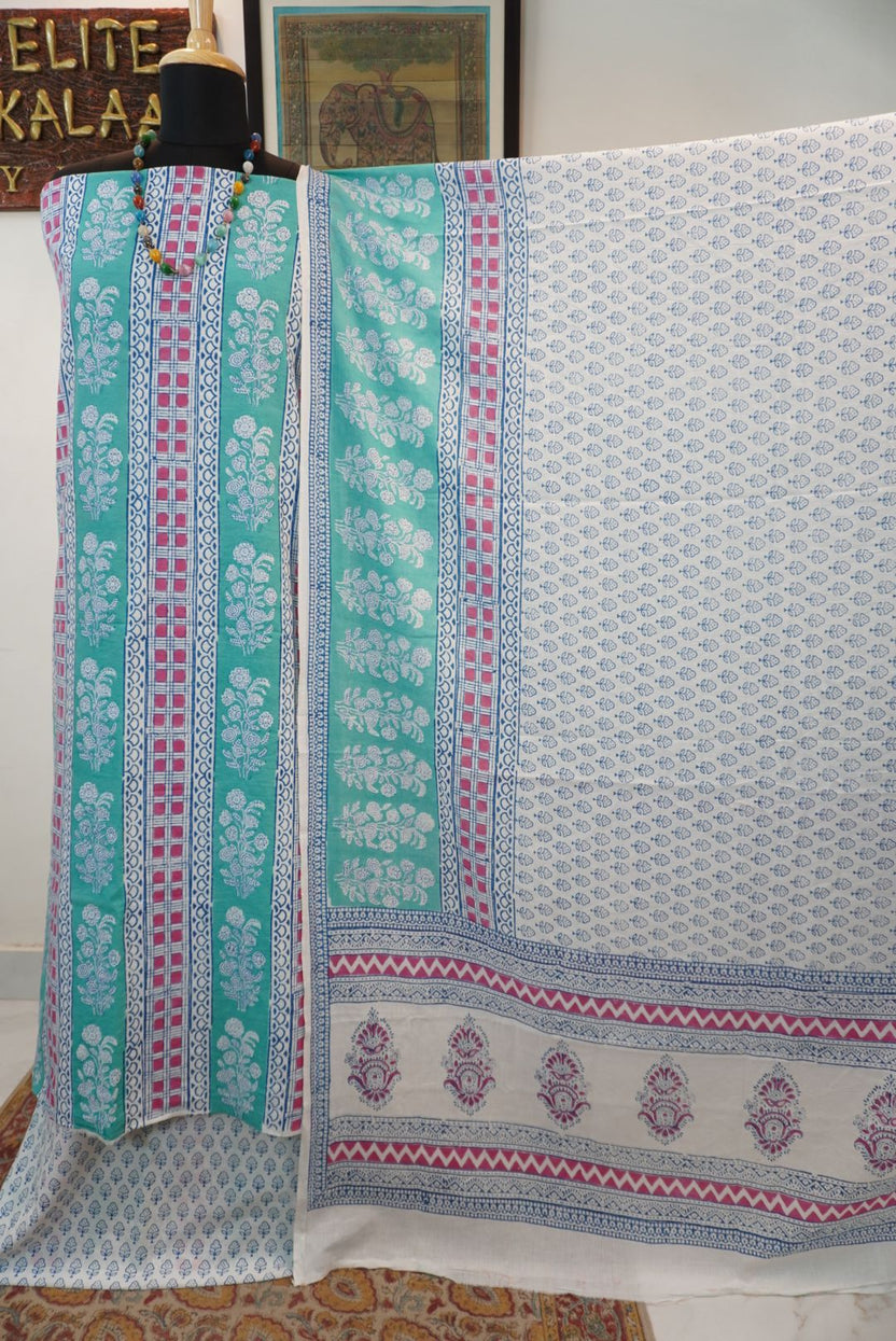Green cotton Bagh handblock 3 piece unstitched suit set with blue, pink and white block print border