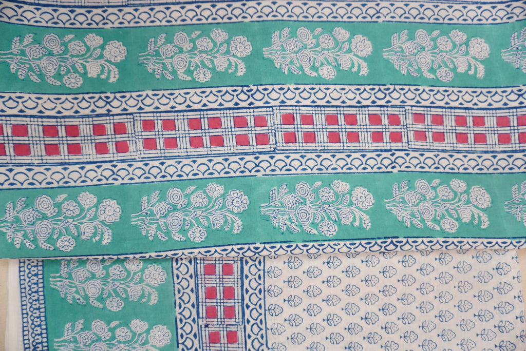 Green cotton Bagh handblock 3 piece unstitched suit set with blue, pink and white block print border