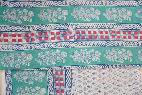 Green cotton Bagh handblock 3 piece unstitched suit set with blue, pink and white block print border