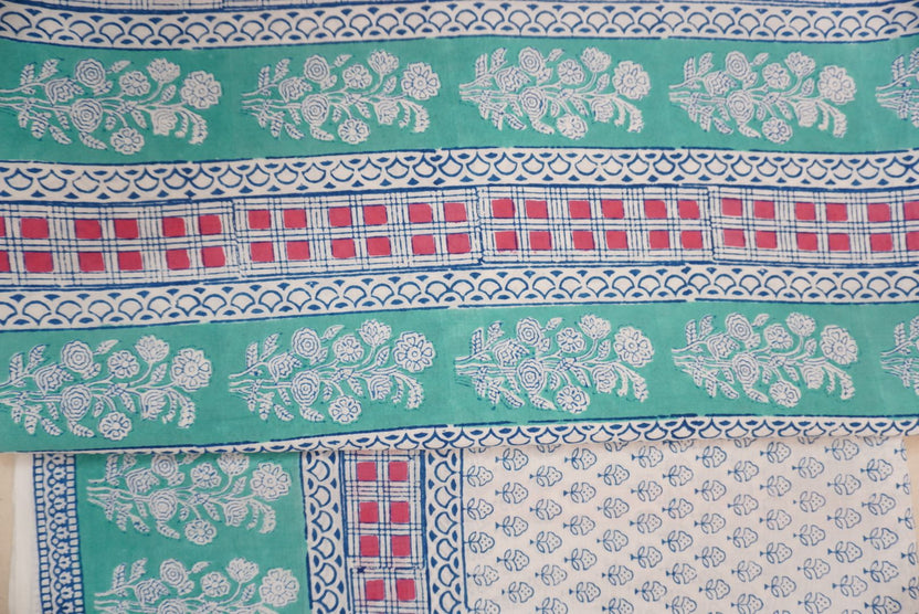 Green cotton Bagh handblock 3 piece unstitched suit set with blue, pink and white block print border