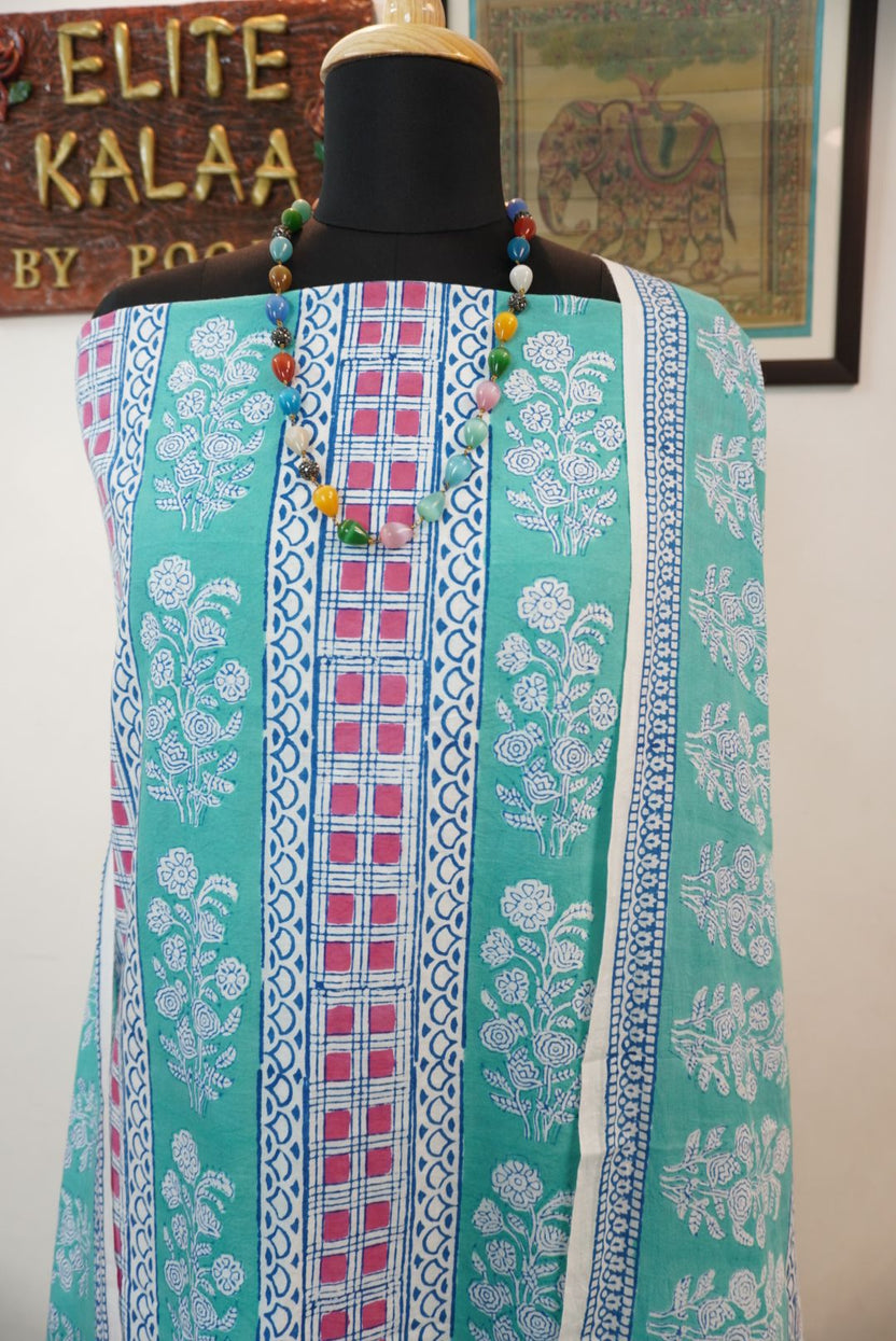 Green cotton Bagh handblock 3 piece unstitched suit set with blue, pink and white block print border