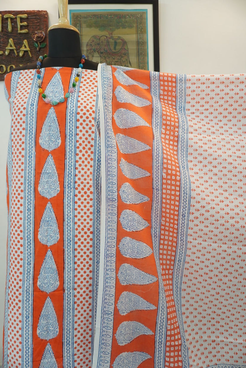 Orange cotton Bagh printed 3 piece suit set with white and blue placement pattern and border detail
