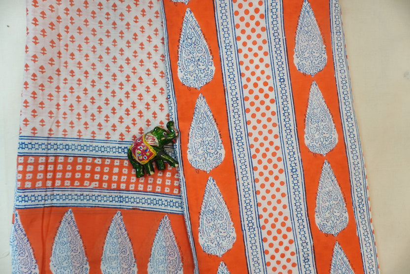 Orange cotton Bagh printed 3 piece suit set with white and blue placement pattern and border detail