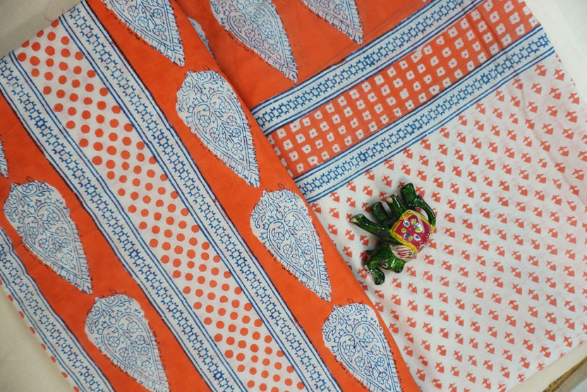 Orange cotton Bagh printed 3 piece suit set with white and blue placement pattern and border detail