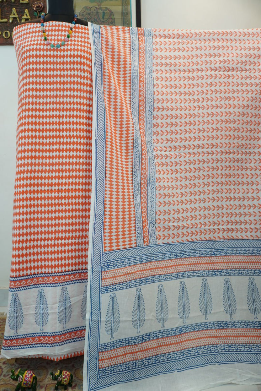 Orange and blue cotton Bagh handblock 3 piece suit set with white block print and border