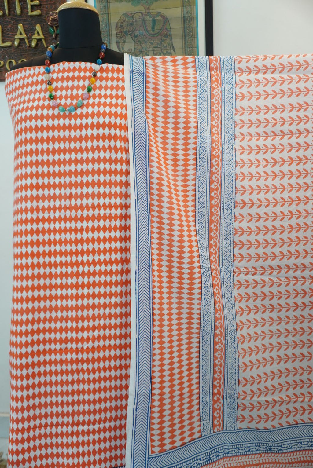 Orange and blue cotton Bagh handblock 3 piece suit set with white block print and border