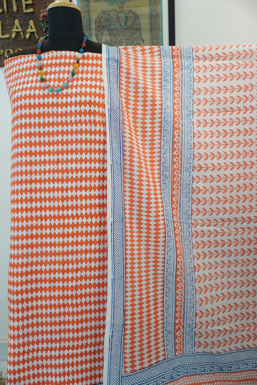 Orange and blue cotton Bagh handblock 3 piece suit set with white block print and border
