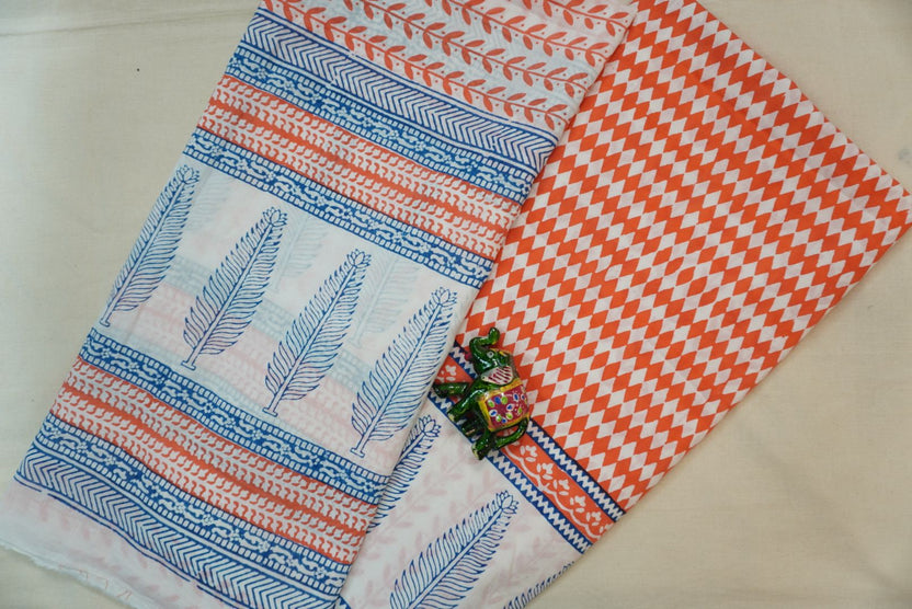 Orange and blue cotton Bagh handblock 3 piece suit set with white block print and border
