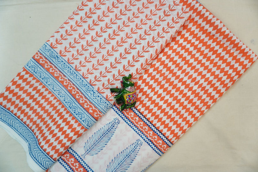 Orange and blue cotton Bagh handblock 3 piece suit set with white block print and border