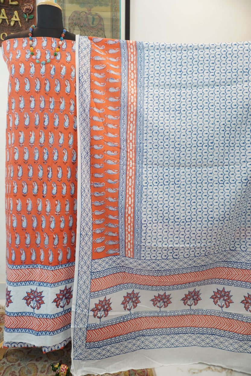 Orange cotton Bagh handblock 3 piece suit set with blue and white print and border detail