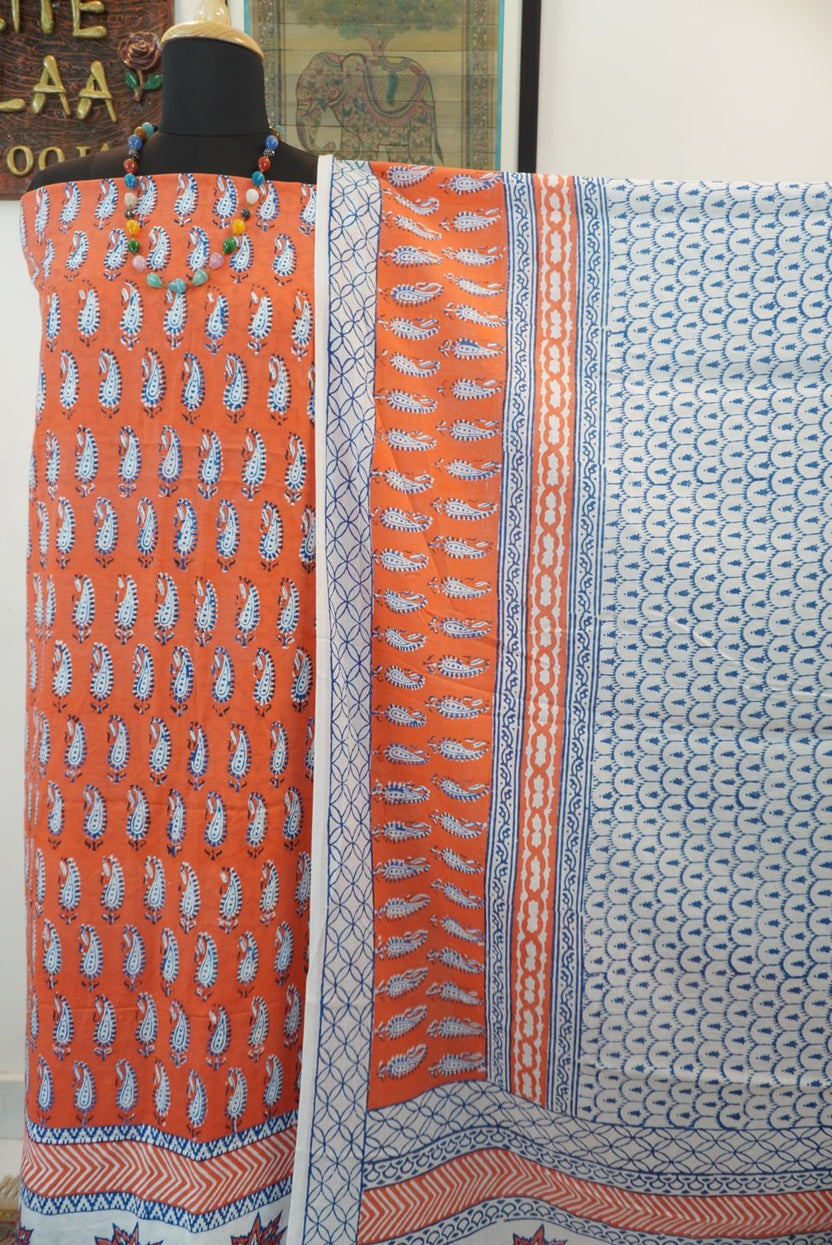 Orange cotton Bagh handblock 3 piece suit set with blue and white print and border detail